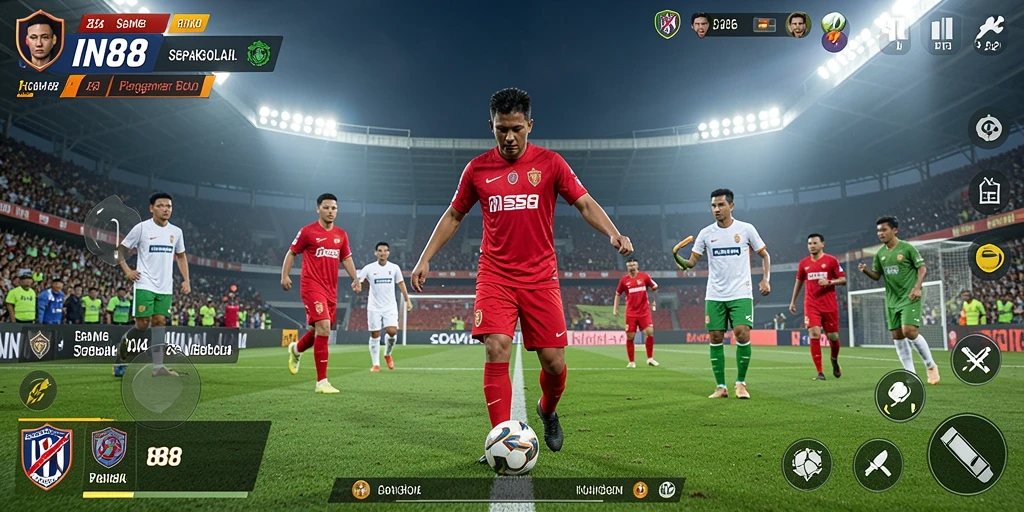 Screenshot gameplay IN88 menunjukkan aksi menarik di lapangan sepakbola.