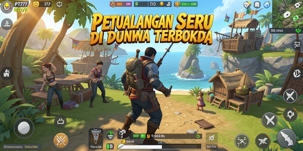 Tangkapan layar PT777 menampilkan aksi eksplorasi mendalam di dunia terbuka.