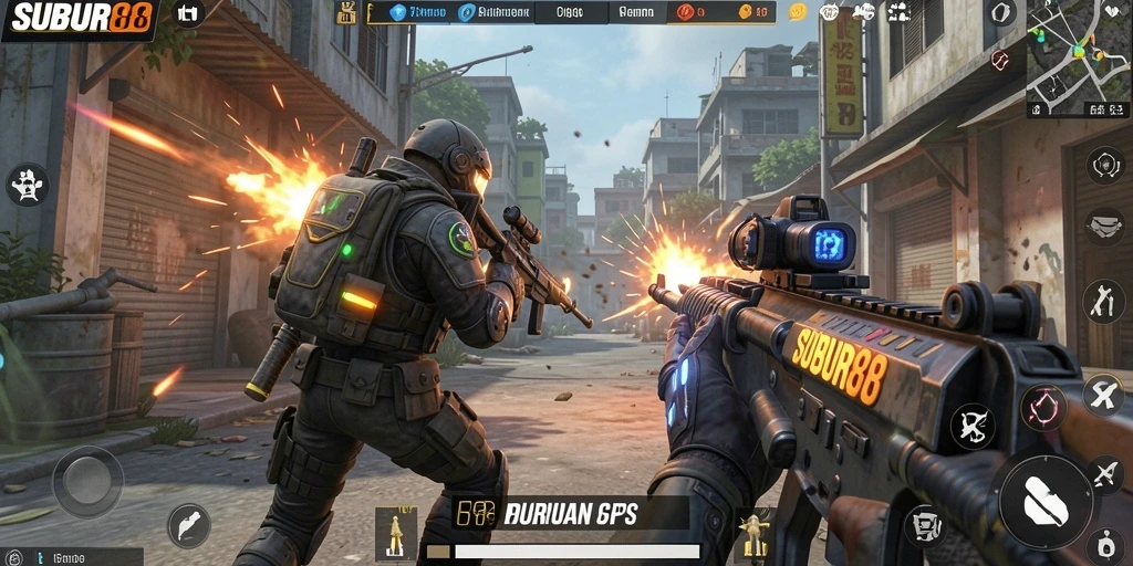 Tampilan seru gameplay SUBUR88 dengan aksi pertempuran FPS.
